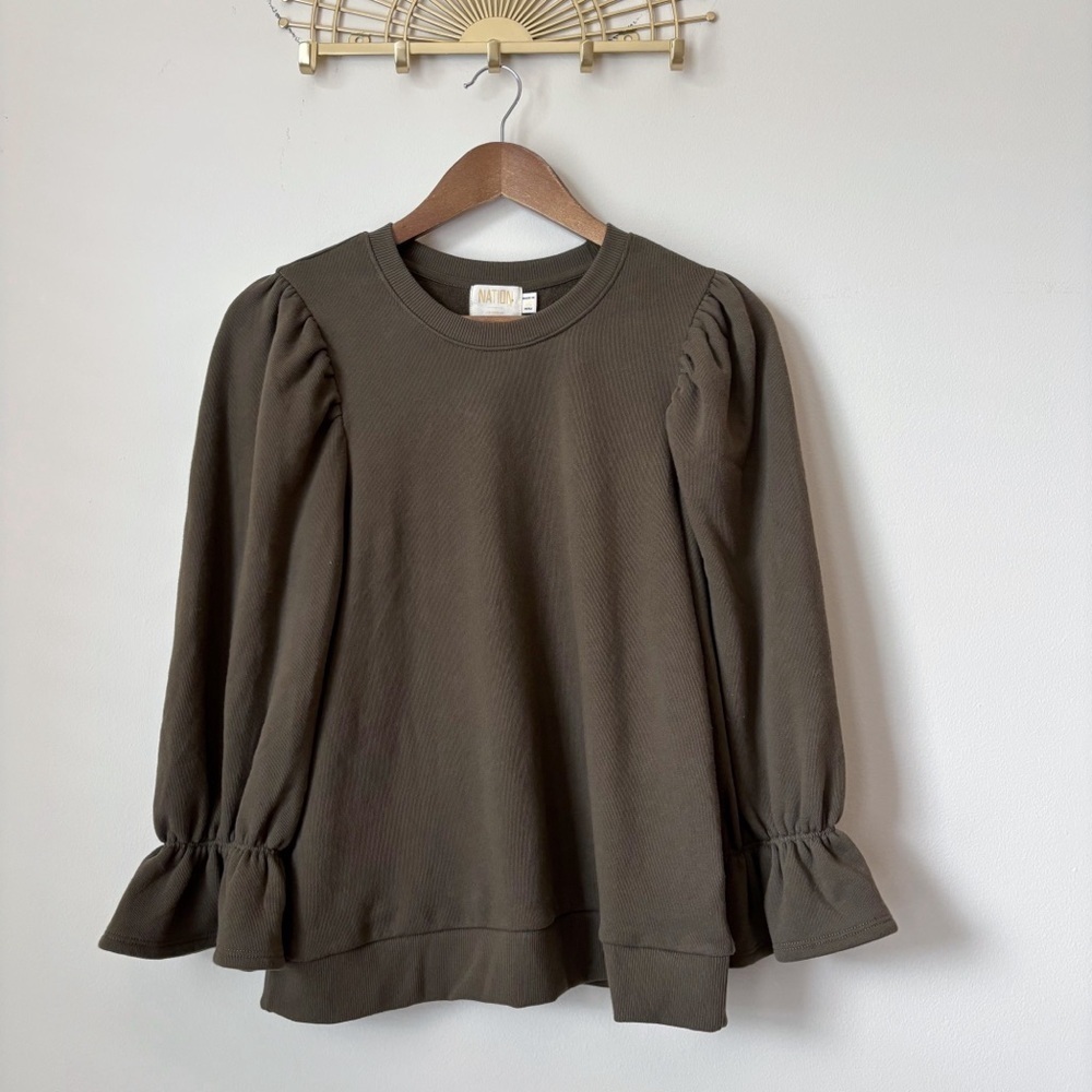 Nation LTD Olive Green Puff Sleeve Sweatshirt Medium Elevated Basic